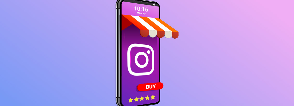 Ilustración de Smartphone con Accesorios de Tienda y Logo de Instagram en Pantalla